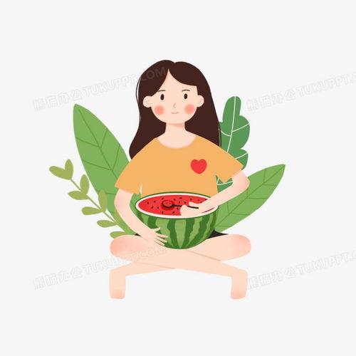 少女吃瓜绘画图片
